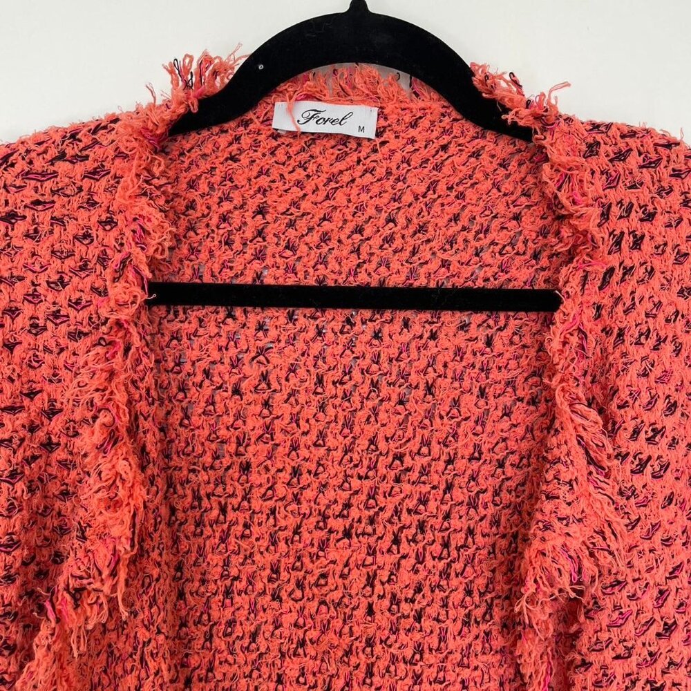 Peach pink fuzzy knit tweed long boho twee cardigan with black accents | Size M - Picture 4 of 7